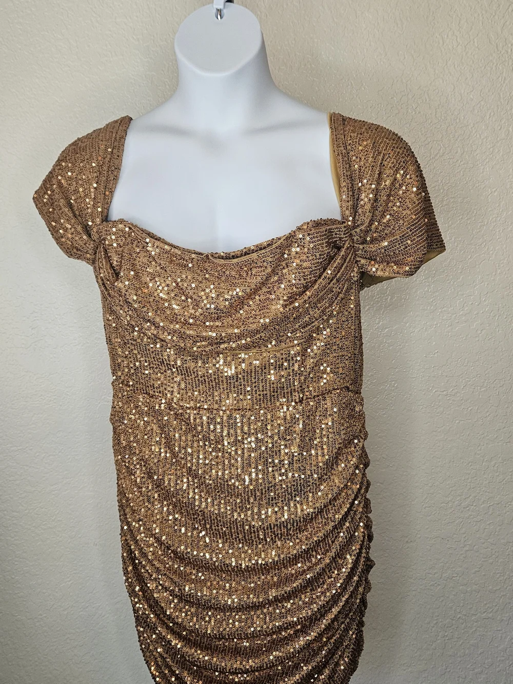PrettyLittleThing Bronze Sequin Draped Mini Dress - Picture 3 of 6